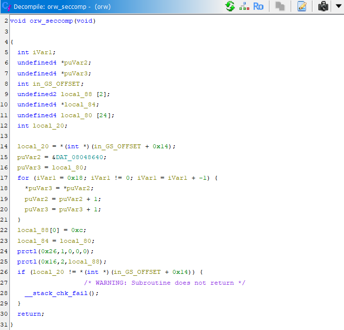 Hasil decompile Ghidra: fungsi orw_seccomp